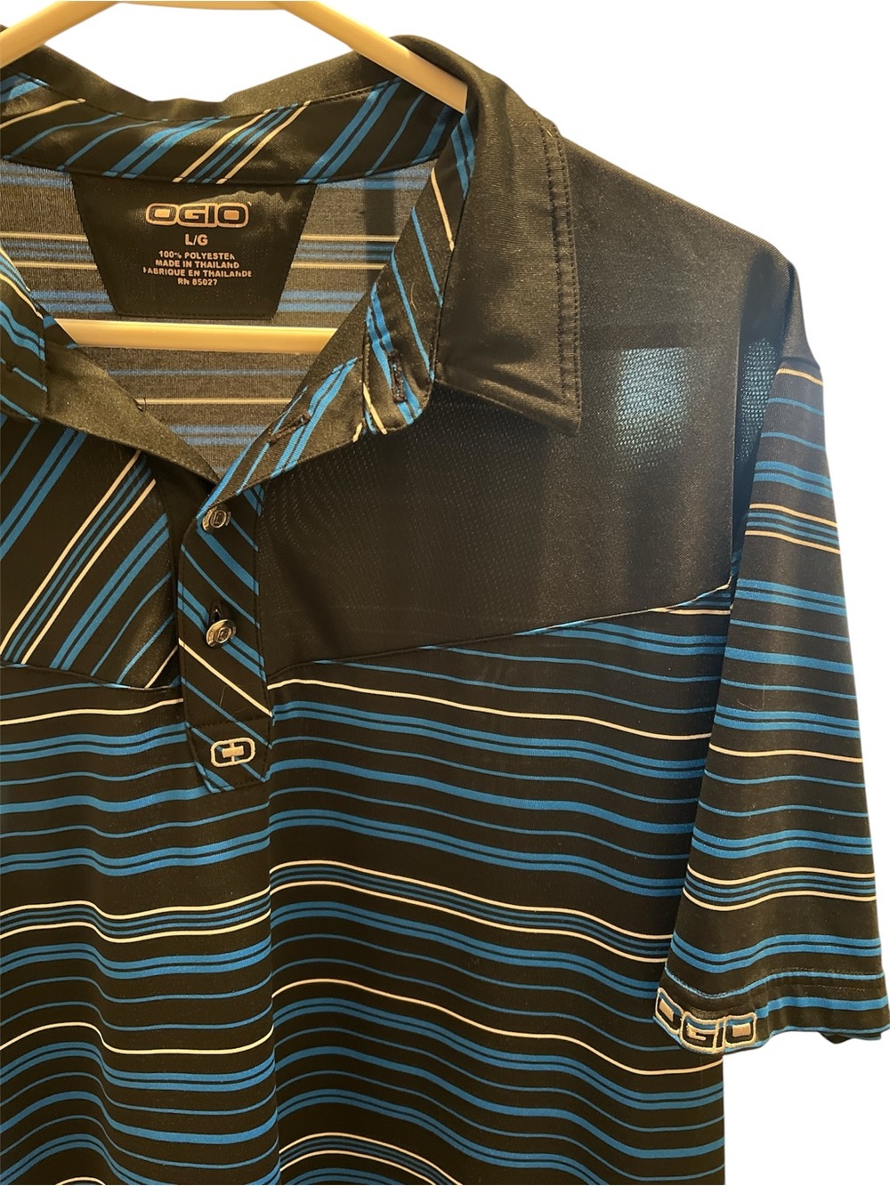 OGIO Men’s Black Polo with Blue and White Stripes